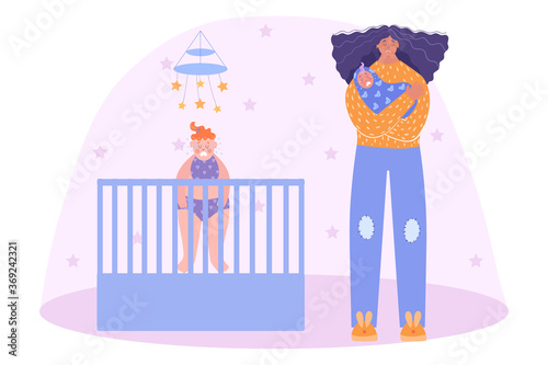 Postpartum depression. Woman with a crying baby in her arms. Tired mother of two children.Vector illustration.