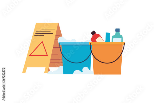 Cleaning utensils in bucket on white background