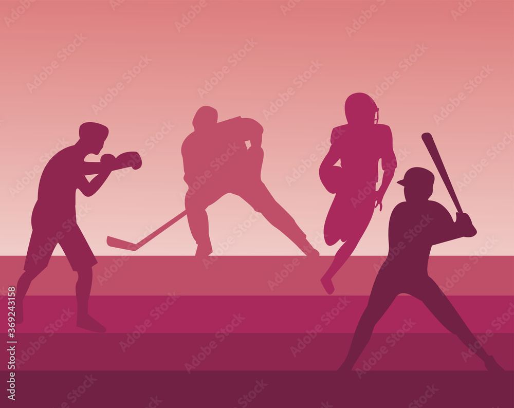 Obraz premium group of athletic people practicing sports silhouettes