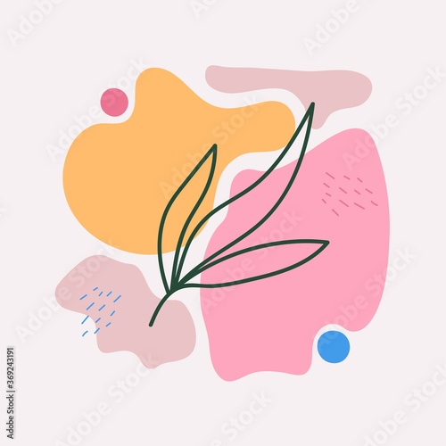 Absract vector background with floral twig with leaves. Trendy print design with lines, circles a splashes