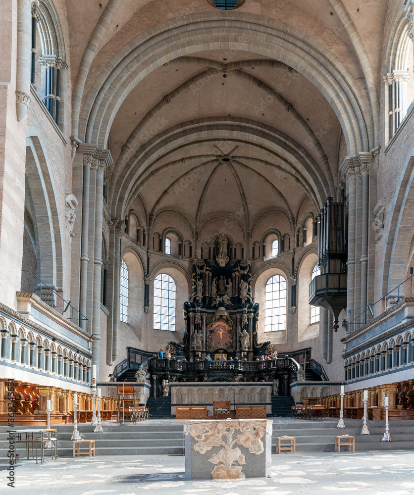 interior view of the historic Trier Dom or cathedral in Trier with the altar