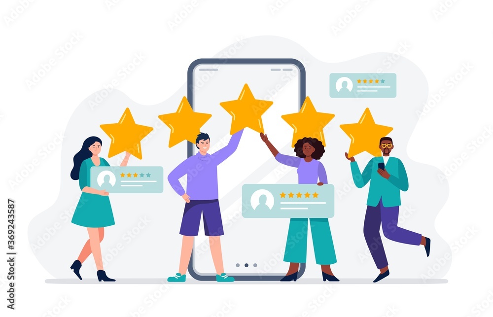 A multiethnic group of people evaluating app, product, service. People giving five stars. User experience feedback concept. Trendy vector flat illustration.