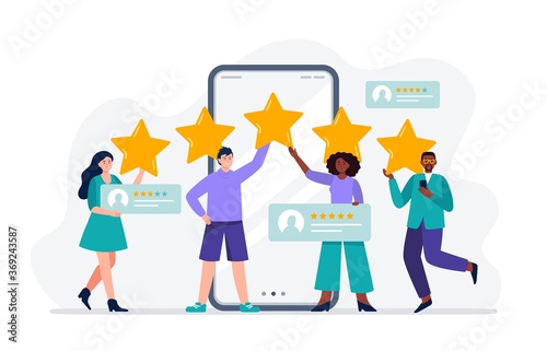 A multiethnic group of people evaluating app  product  service. People giving five stars. User experience feedback concept. Trendy vector flat illustration.