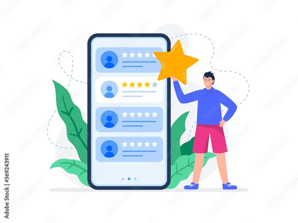 A young man rating feedback of customers. Useful reviews for customers. Choice rating review app, customer reviews. Trendy vector flat illustration. A young man rating feedback of customers. Useful reviews for customers. Choice rating review app, customer reviews. Trendy vector flat illustration.