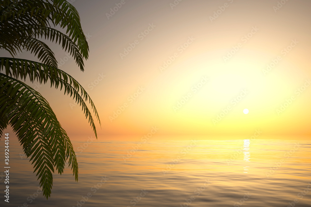 abstract landscape with palm tree island in the sea in front of sky and sun - 3D Illustration