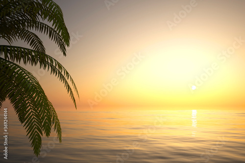 abstract landscape with palm tree island in the sea in front of sky and sun - 3D Illustration