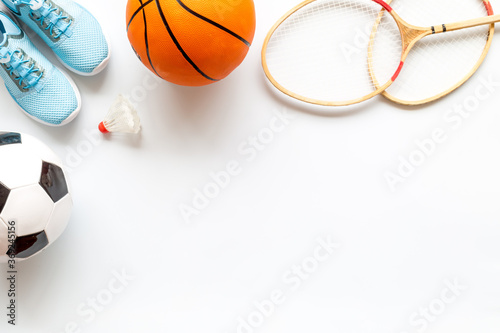 Frame of sport balls - football, basketball, badminton on white background