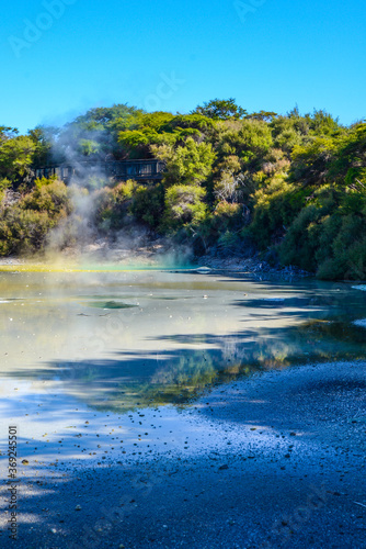  Waiotapu, also spelt Wai-O-Tapu is an active geothermal area at the southern end of the Okataina Volcanic Centre. It is 27 kilometres south of Rotorua. It's in the north of the New Zealand. 