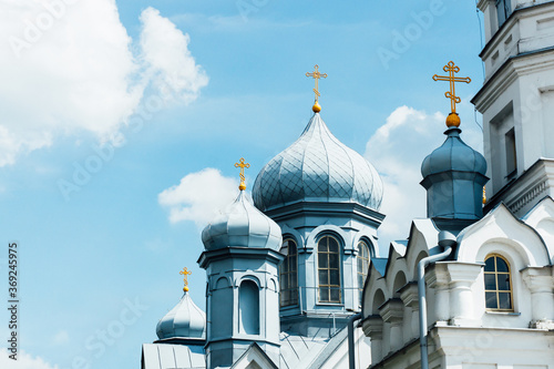 Eastern Orthodox church building. Roof domes architecture background. Christian religion cathedral. Wasilków city in Poland. Church of the Holy Apostles Peter and Paul.