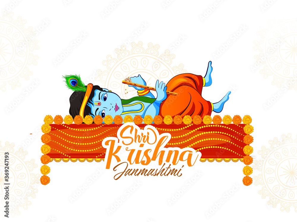 Innovative illustration of banner, card poster for Lord Krishna in Happy Janmashtami festival of India ,Shri Krishan Janmashtami - obrazy, fototapety, plakaty 