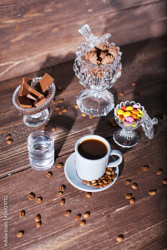 Turkish style coffee, retro background, colorful candys