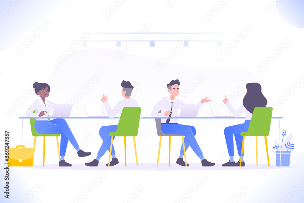 Co-working concept. Young people working together at modern shared office workspace, vector illustration