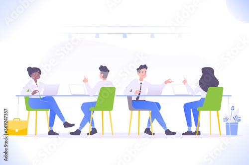 Co-working concept. Young people working together at modern shared office workspace  vector illustration