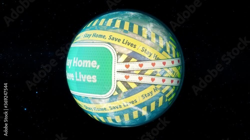 Yellow Warning Tape the World put mask to fight to Stay Home, Save Lives