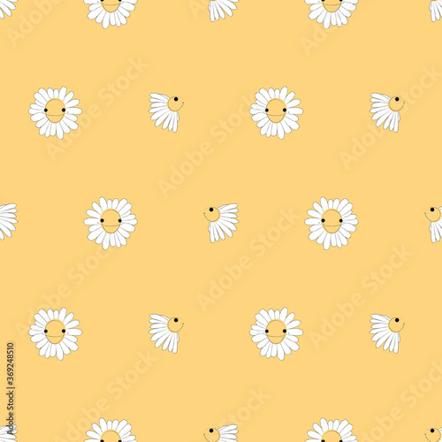 Flowers seamless pattern, Daisy cartoon characters on orange wallpaper. 