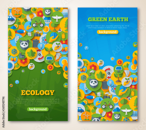 Vertical Banners Set with Icons of Ecology, Environment, Green Energy and Pollution. Save world. Save the planet. Save the Earth. Creative concept of Eco Technology. Environmental protection.