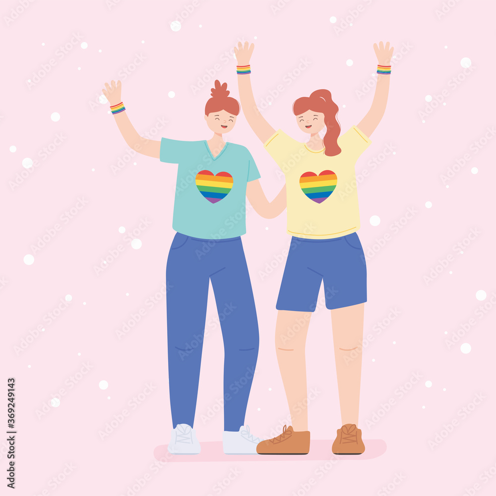 LGBTQ community, young women rainbow heart in shirts, gay parade sexual discrimination protest LGBTQ community, young women rainbow heart in shirts, gay parade sexual discrimination protest