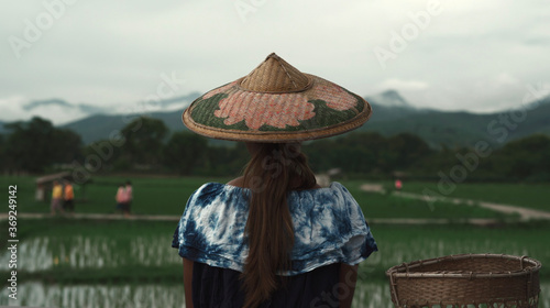Farmer in wicker hat and straw basket infront of rice field and mountains view