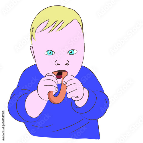Kid nibbles a bagel, flat vector drawing, little blue-eyed boy