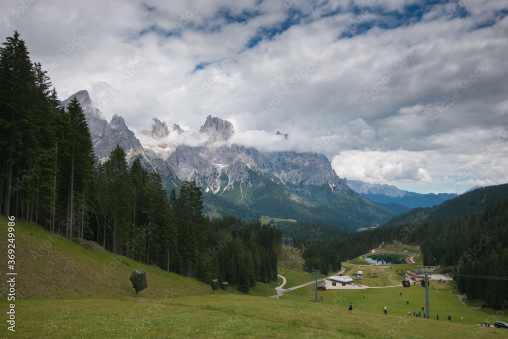 Beautiful panorama over San Martino di Castrozza with Pale di San Martino in the background, Trentino