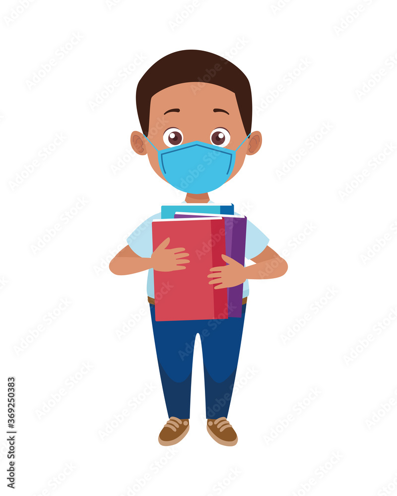 little afro student boy wearing medical mask with books