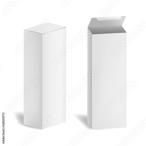 Realistic 3d Detailed White Blank Cardboard Cosmetic Boxes Open and Closed Set. Vector © bigmouse108