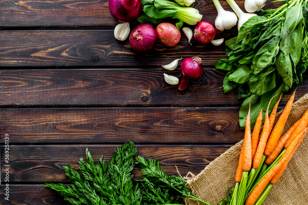 Healthy food. Vegetables - carrot, beet, potato - top view frame copy space