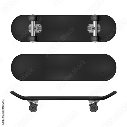 Realistic 3d Detailed Black Blank Skateboard Deck Template Mockup Set. Vector