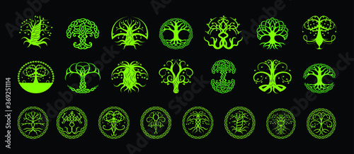 set of tree with roots in various models design template for logo and more isolated on blue