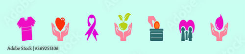 set of donation logo and icon. ribbon, clothes, hand with heart and more. isolated vector on blue