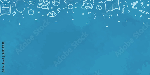 School chalkboard. Sketchy background with hand drawn school supplies. Education concept