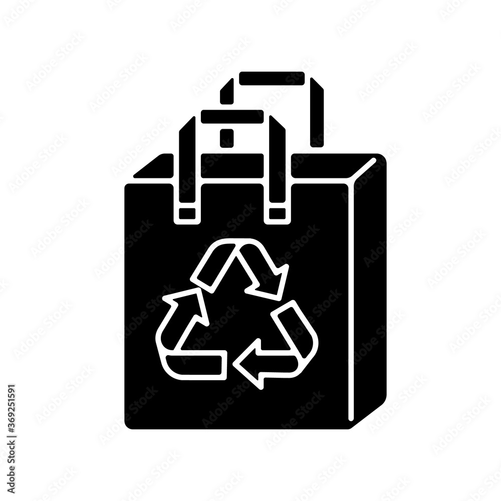 Reusable grocery bag black glyph icon. Zero waste, sustainable lifestyle silhouette symbol on white space. Eco friendly, plastic free shopping bag with recycling sign vector isolated illustration Reusable grocery bag black glyph icon. Zero waste, sustainable lifestyle silhouette symbol on white space. Eco friendly, plastic free shopping bag with recycling sign vector isolated illustration