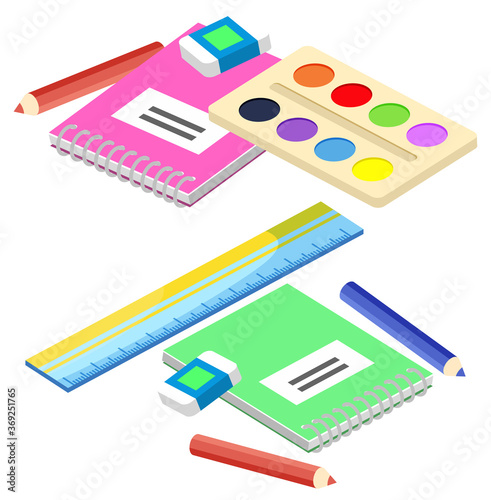 Supplies for lessons, vector illustration. Collection of school supplies or stationery. Isometric cartoon items for education of smart pupils and students. Knowledge and education. School accessories