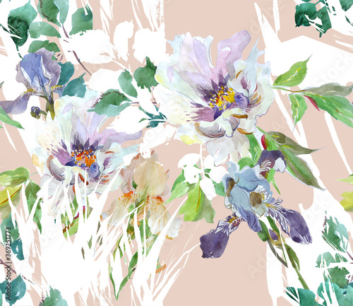 Wallpaper Mural Floral Seamless Pattern Peon, Iris and Grass with White. Watercolor Flowers Background. Torontodigital.ca