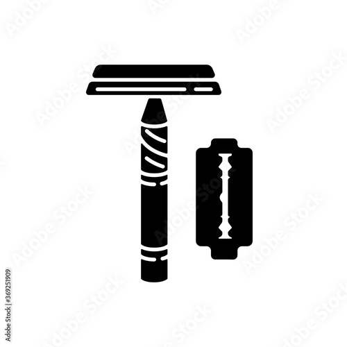 Reusable razor black glyph icon. Responsible consumption, zero waste silhouette symbol on white space. Personal hygiene accessory, shaving razor with replaceable blade vector isolated illustration