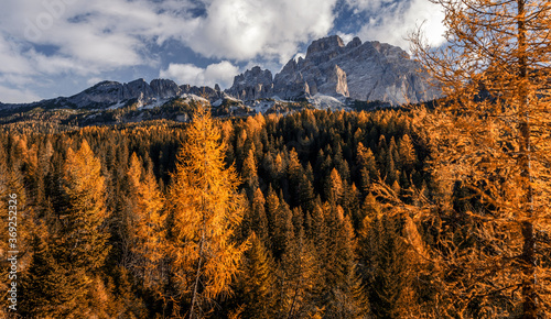 Autumn mountains landscape. Amazing aerial view of the Dolomite Alps at sunny autumn day with yellow larches below and valley gloving by fsun and high mountain peaks behind.