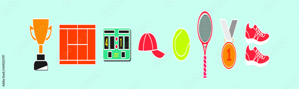 Simple modern set of tennis icons. shoes, hat, ball and more. isolated on blue Simple modern set of tennis icons. shoes, hat, ball and more. isolated on blue