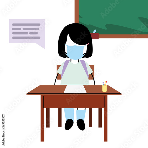 Girl with mask at the desk talking