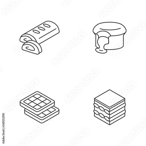 European desserts linear icons set. Austrian apple strudel. Chocolate lava cake. Brussels waffles. Classic Tiramisu. Customizable thin line contour symbols. Isolated vector outline illustrations