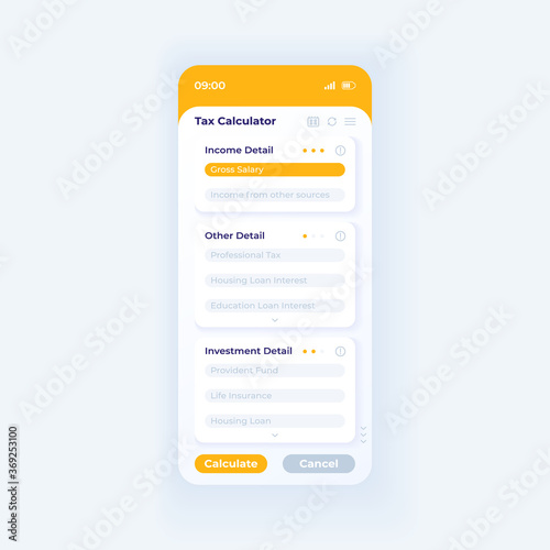 Tax calculator app smartphone interface vector template. Mobile app page day mode design layout. Income and investment details on screen. Flat UI for application. Tax estimator phone display