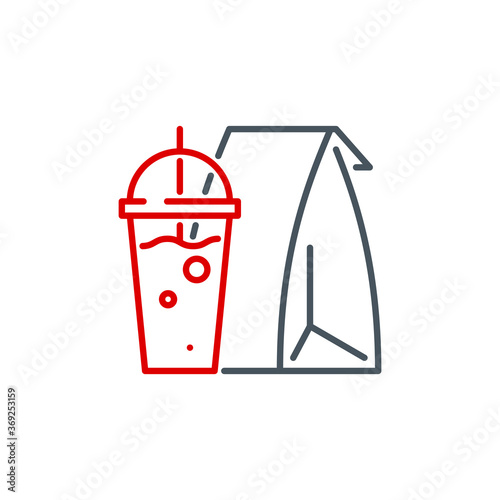 mobile app icon set food in a paper bag and a drink in a cup isolated on white. outline app icon symbol paper bag, cup with coffee, soda or cocktail. fast food Quality element with editable Stroke