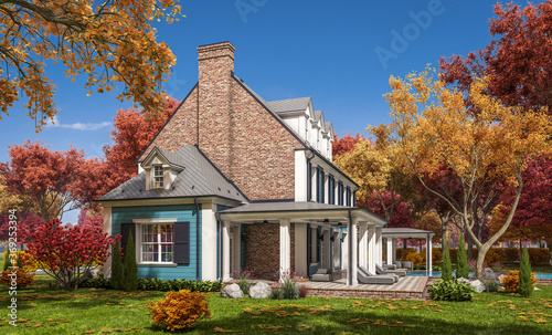 3d rendering of modern cozy classic house in colonial style with garage and pool for sale or rent with beautiful landscaping on background. Clear sunny autumn day with golden leaves anywhere.