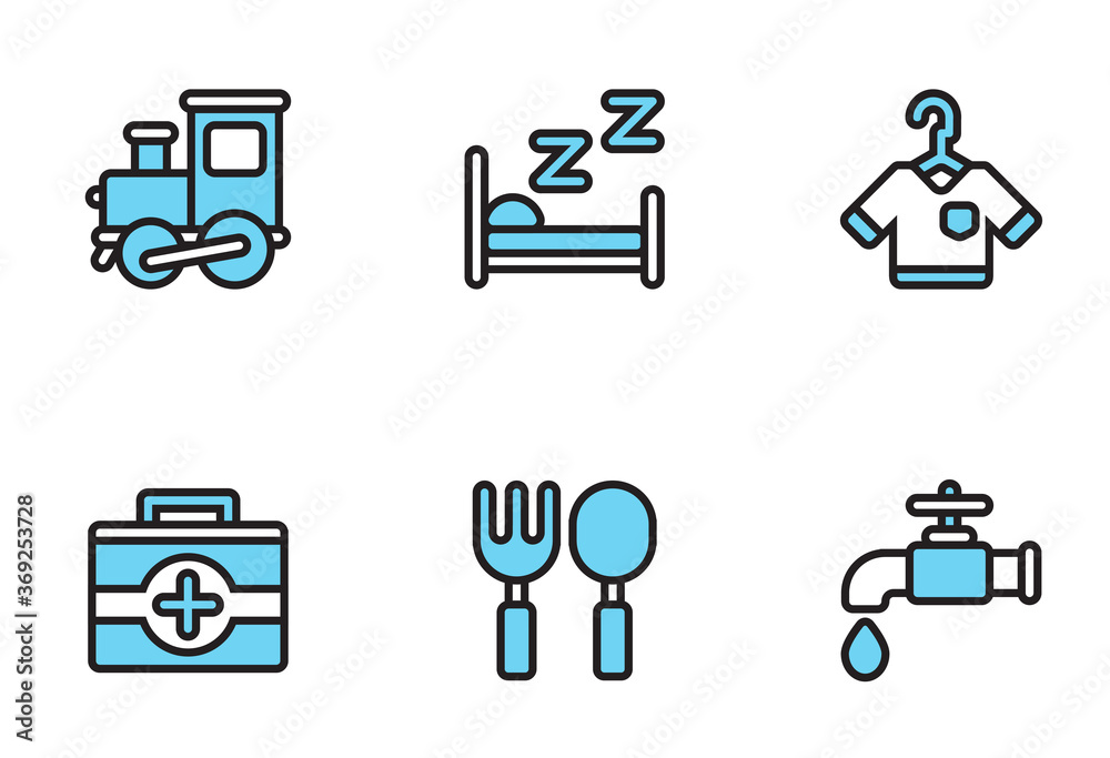 Kindergarten icons fill and outline set for children room navigation. Play room, bedroom, wardrobe, first aid kit, dining room, bathroom. Flat style vector symbols isolated on white.