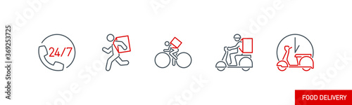 Online delivery service line icons set isolated on white. outline symbols food delivery service banner. Quality design elements running courier Box, bicycle, motor scooter, bike with editable Stroke