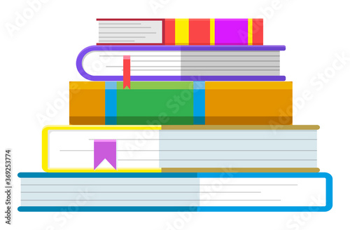 Books in hardcovers with bookmarks, isolated icon. Textbooks for school or college, university or self study. Booklet with information, encyclopedia with data for exams. Vector in flat style