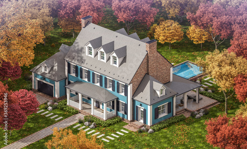 3d rendering of modern cozy classic house in colonial style with garage and pool for sale or rent with beautiful landscaping on background. Clear sunny autumn day with golden leaves anywhere. © korisbo