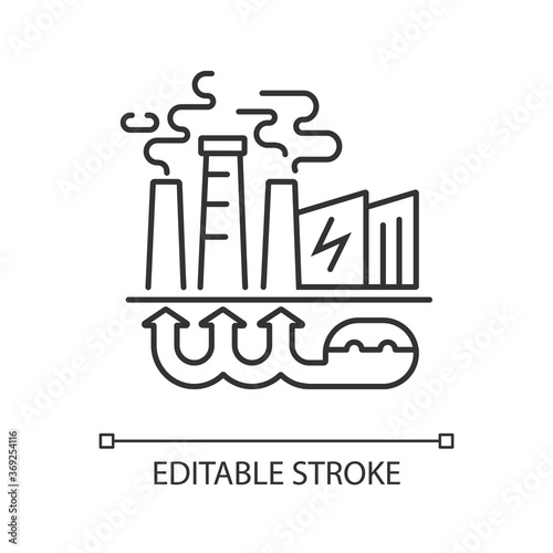 Geothermal energy linear icon. Industrial power plant, thermal station thin line customizable illustration. Contour symbol. Sustainable energy. Vector isolated outline drawing. Editable stroke