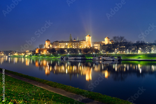 Wawel Castle in Krakow at night.