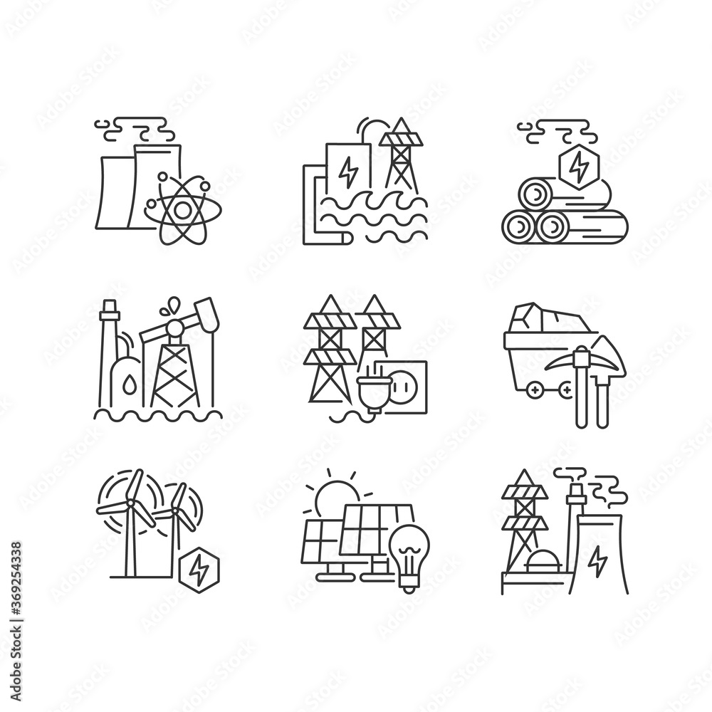 Fototapeta premium Energy business linear icons set. Industrial power plants customizable thin line contour symbols. Electricity generation stations. Isolated vector outline illustrations. Editable stroke