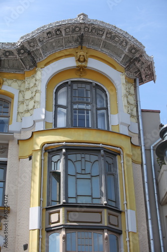 Former profitable house of merchant Ivan Isakov on Prechistenka Street, 28, Moscow city, Russia; facade detail. Art nouveau style in Moscow architecture. Moscow sight, landmark, monument photo